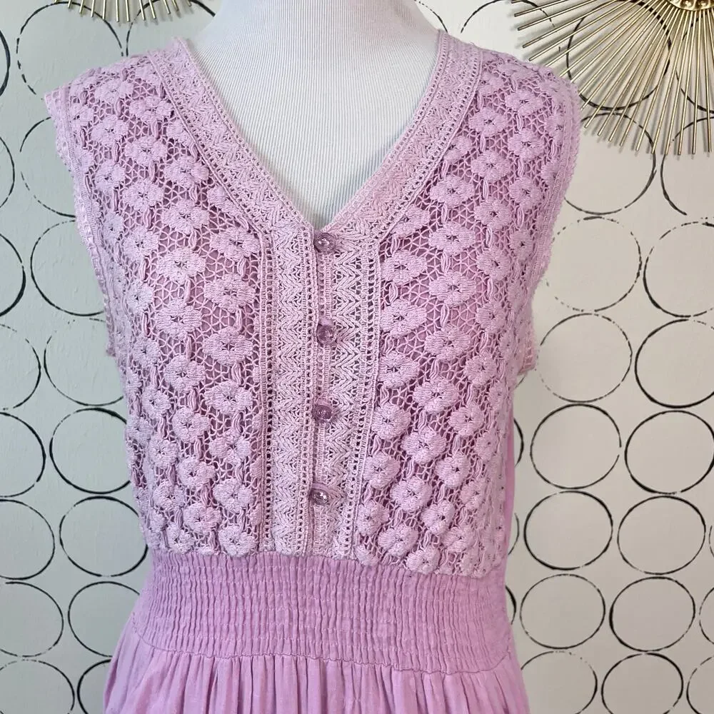 Crochet Tiered Maxi Dress Womens L Pink Purple Cottage Boho Romantic Cotton - Picture 7 of 15